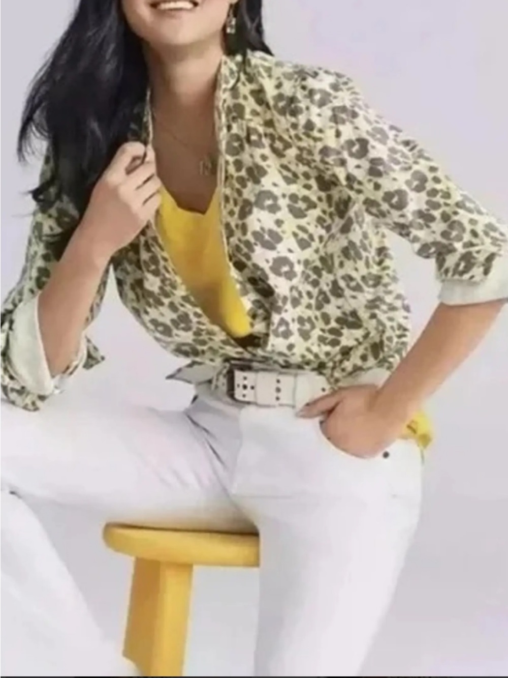 Cabi Providence Shirt Jacket in striking yellow and gray leopard pattern.